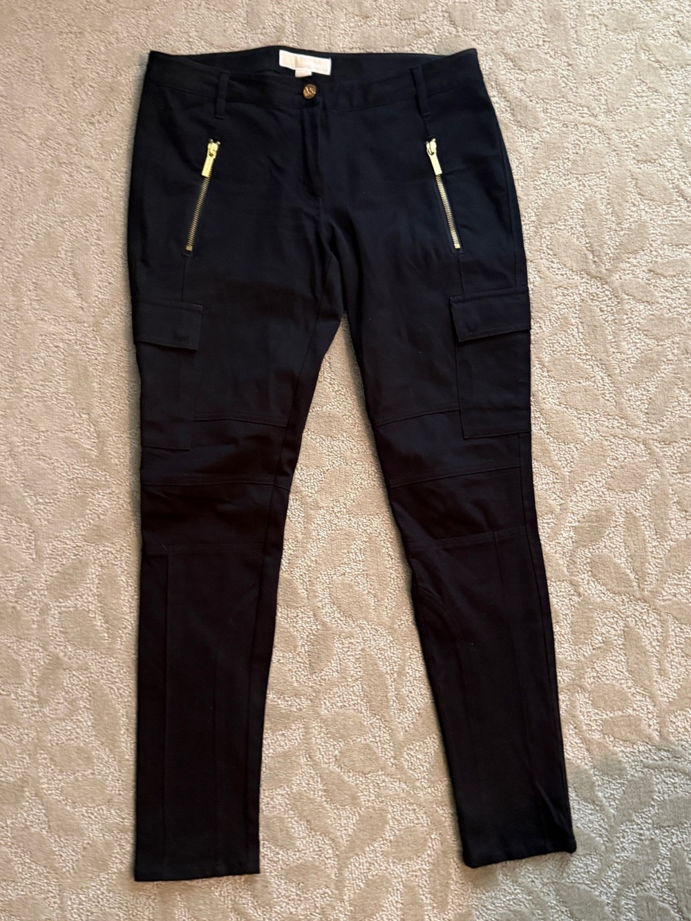 MICHAEL Michael Kors Black Skinny Cargo Pants with Gold Zipper Details